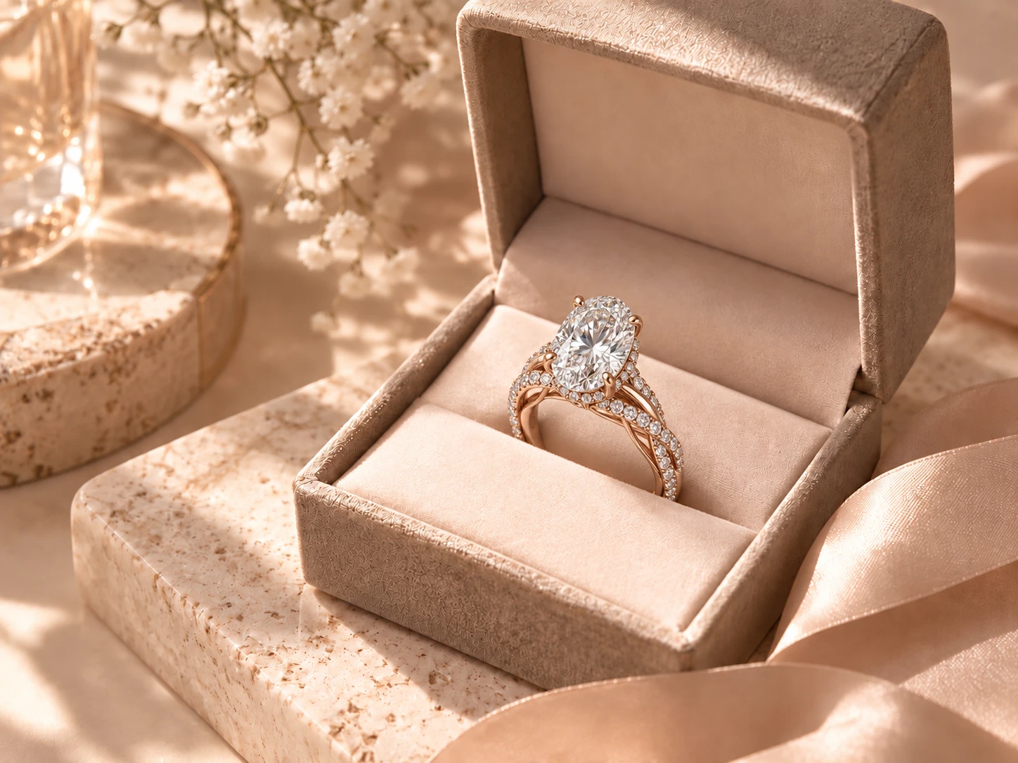 An oval diamond engagement ring with a twisted pavé rose gold band in an open velvet ring box