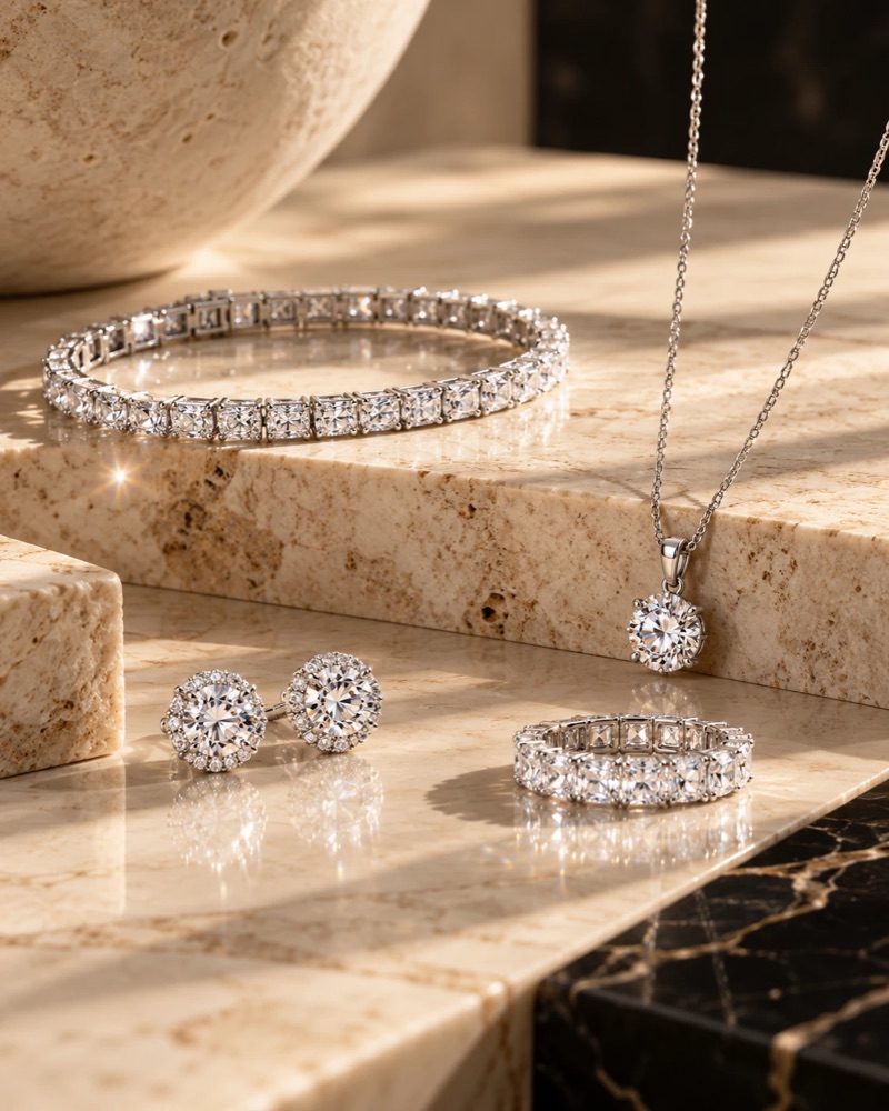 A diamond tennis bracelet, halo stud earrings, a solitaire pendant and an eternity band on travertine