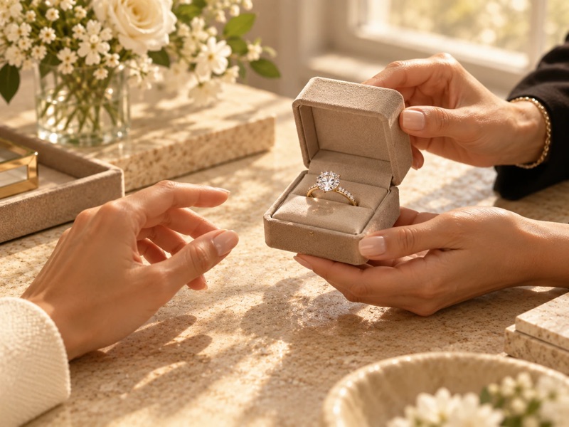 A finished diamond engagement ring presented to a client in a velvet ring box
