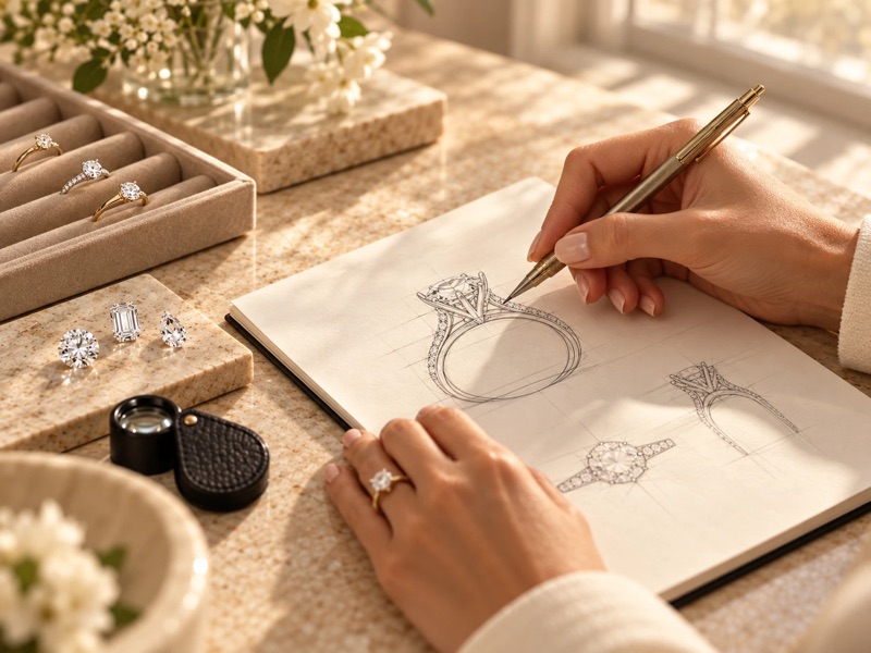 A designer sketching a custom engagement ring setting in a notebook