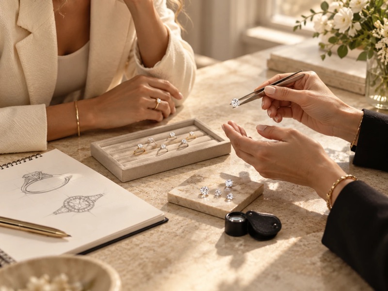 A private consultation at the J’Adore design table, with ring trays, loose diamonds and design sketches