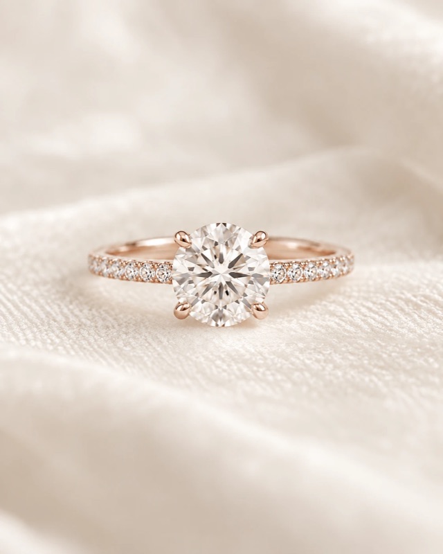 A round brilliant diamond engagement ring with a pavé band in rose gold