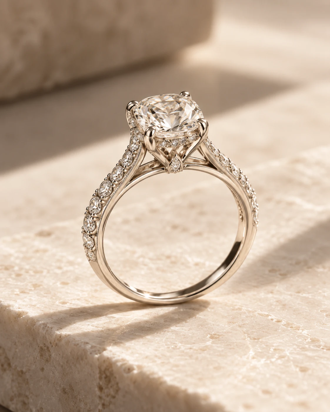 A cathedral solitaire engagement ring with a hidden halo and pavé band in white gold, resting on travertine