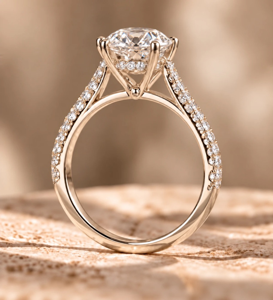 A cathedral engagement ring in rose gold with a pavé band and hidden halo, seen in profile