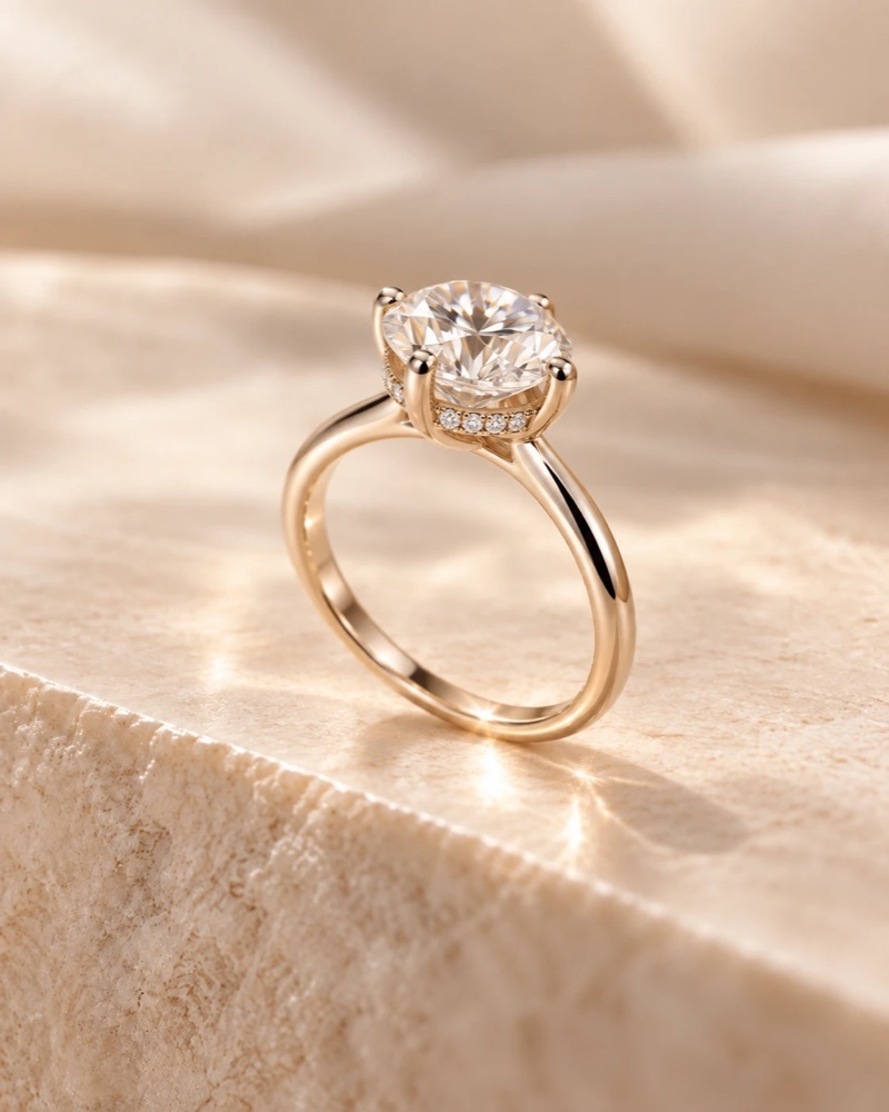 A round diamond engagement ring with a hidden halo beneath the center stone