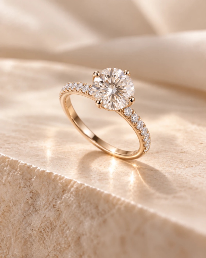 A round diamond engagement ring with a pavé band in yellow gold