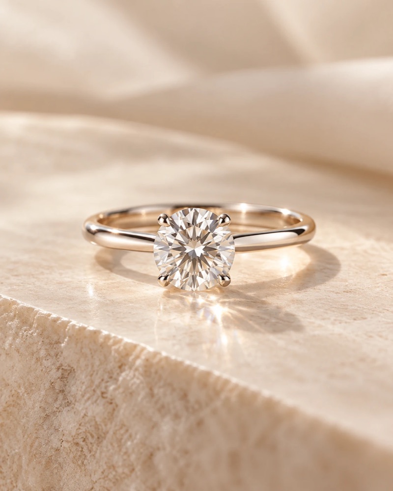 A classic round solitaire engagement ring in yellow gold on travertine