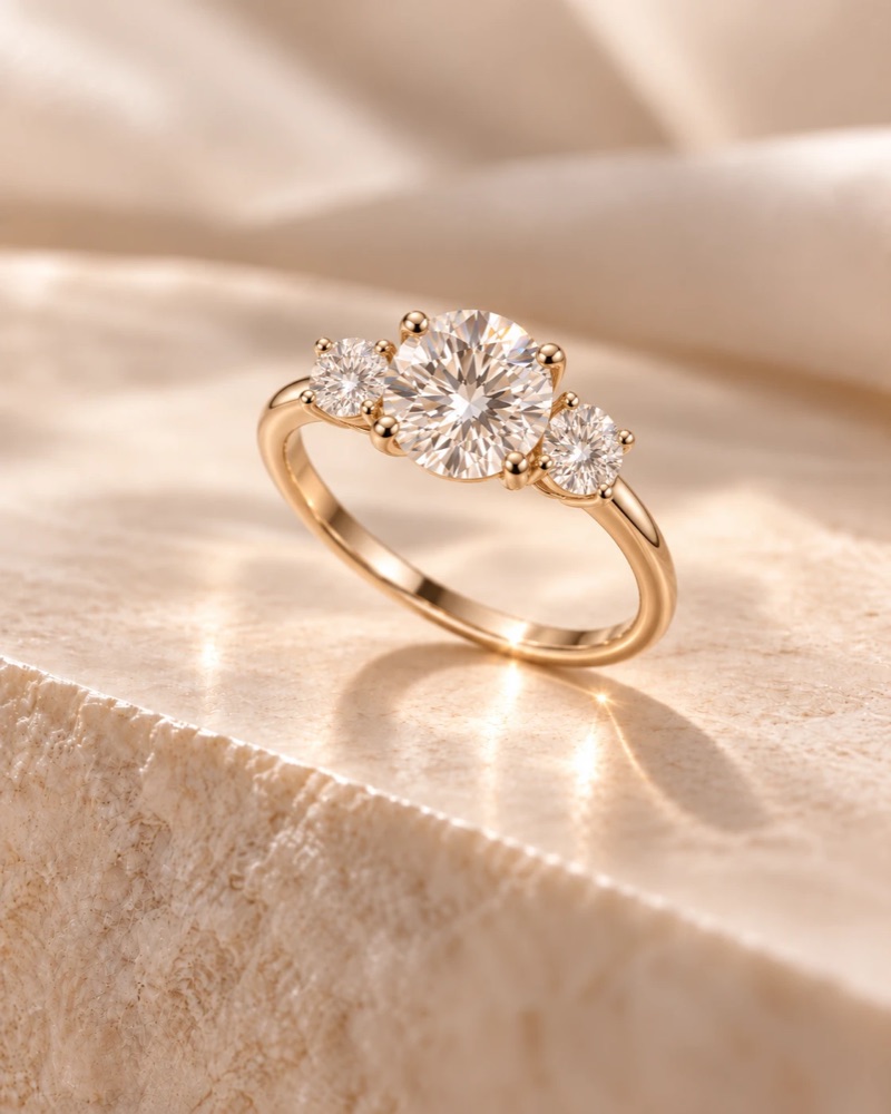 A three stone round diamond engagement ring in yellow gold