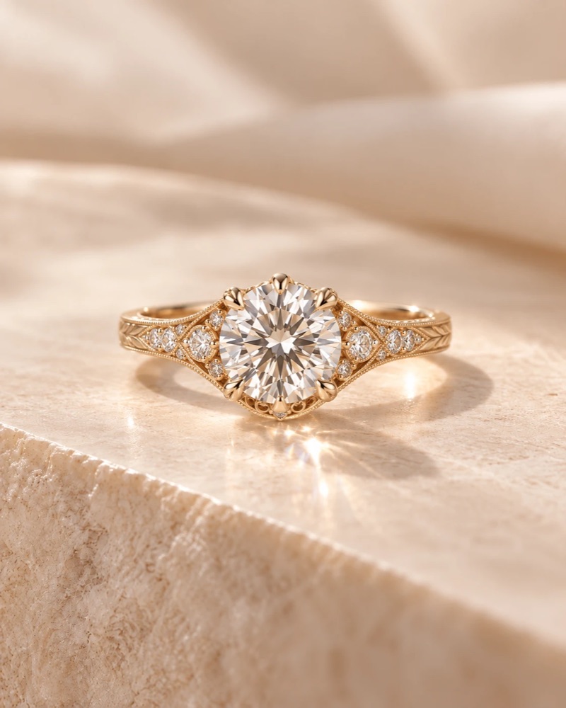 A vintage-inspired round diamond engagement ring with milgrain and engraved shoulders