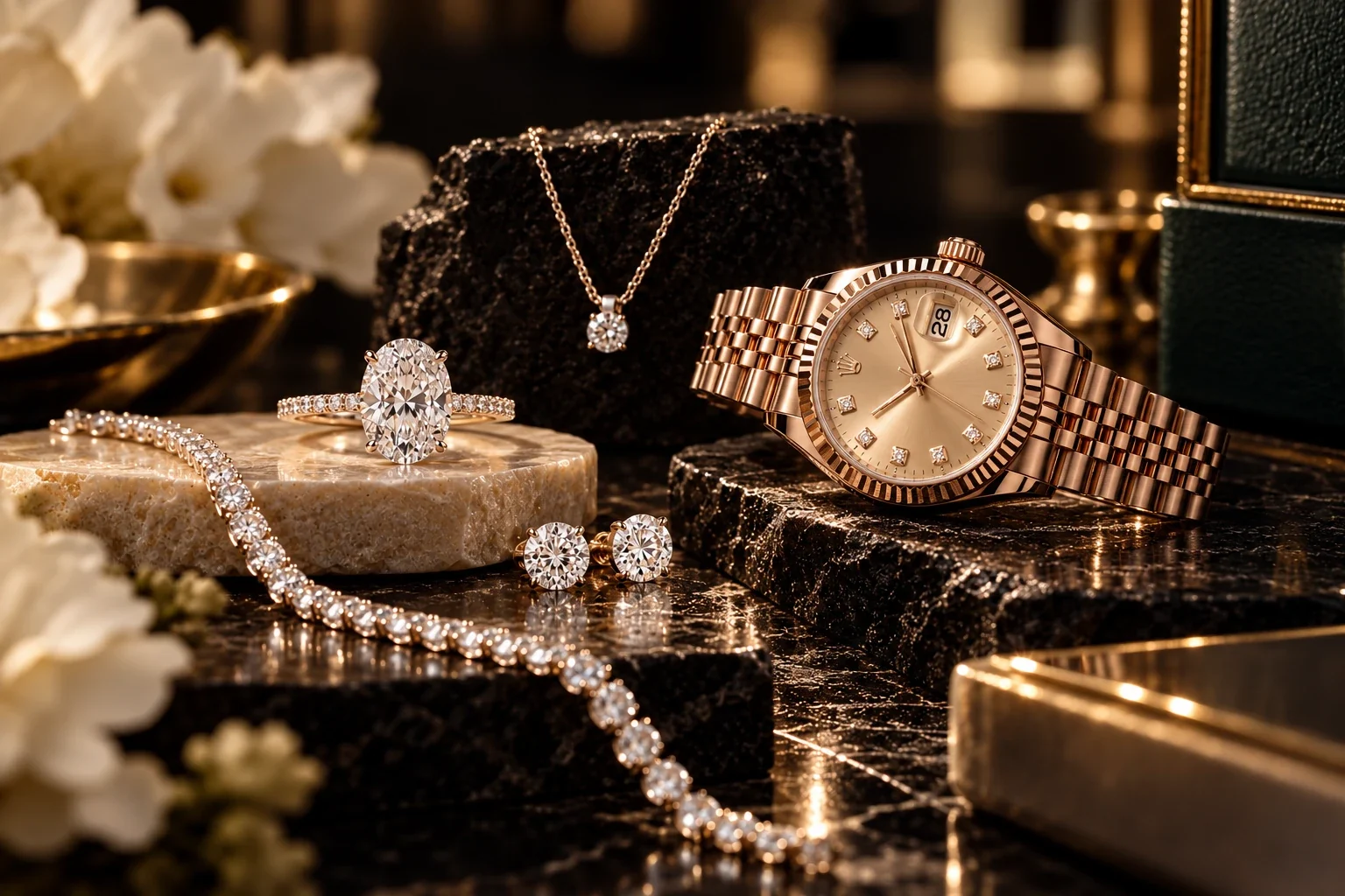 An oval diamond engagement ring, tennis bracelet, diamond studs and pendant beside a rose gold luxury watch on black marble